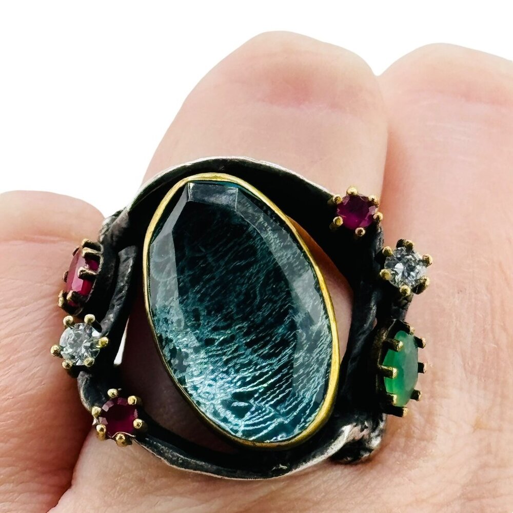 Huge Sterling Silver 925 Ruby Emerald Branch Ring… - image 2